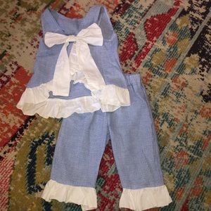 Blue Gigham white Ruffle Capri Set 2T